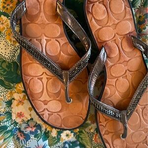 Coach Sandals Women's Beaded 11 Laurel Flip Flop Flats Q049 Gray Leather